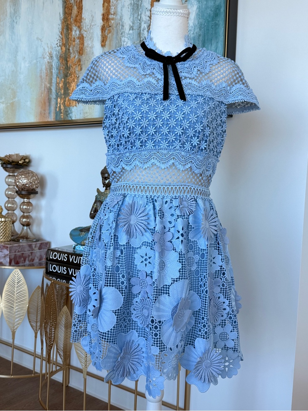 Self-Portrait Powder Blue Floral Lace Mini Dress with Black Ribbon